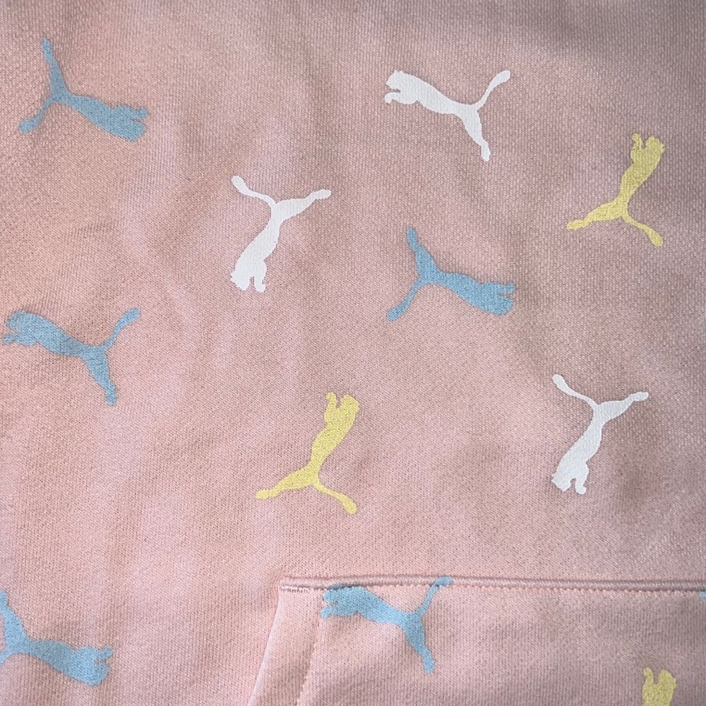 PUMA Youth Hoodie Sweatshirt Pink W/Yellow Blue White Cat Logo All Over NWT Kids - Picture 2 of 11